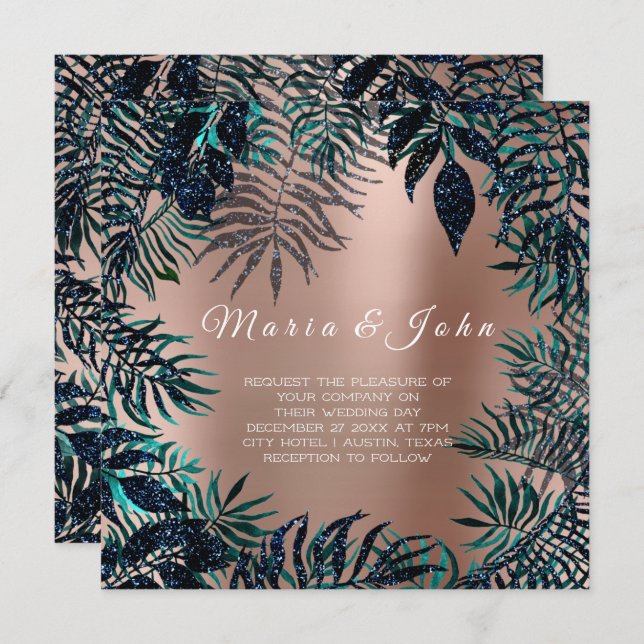Tropical Leafs Glitter Garden Blue Navy Teal Blush Invitation (Front/Back)
