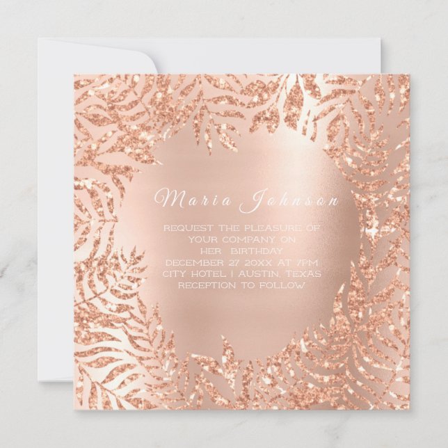 Tropical Leafs Palm Garden Pink Rose Copper Invitation (Front)