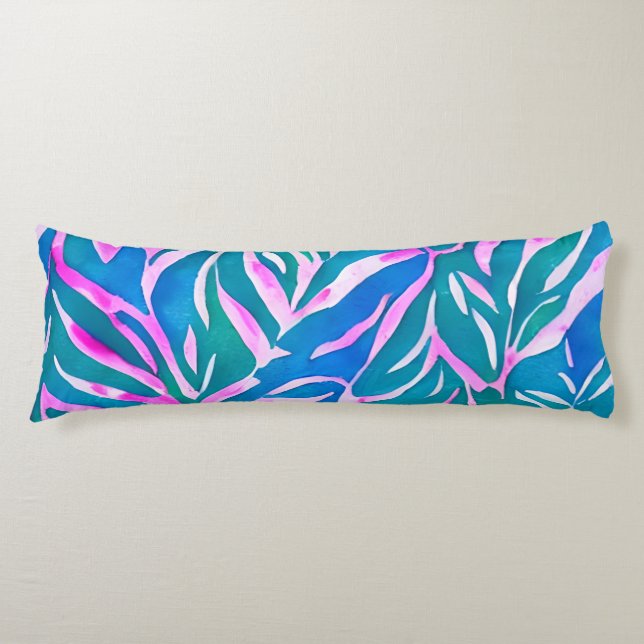 Tropical Leafy Blue Pink Pattern  Body Cushion (Front)
