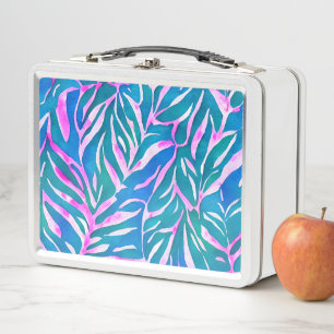 Tropical Leafy Blue Pink Pattern Metal Lunch Box