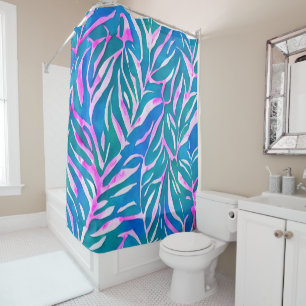 Tropical Leafy Blue Pink Pattern Shower Curtain