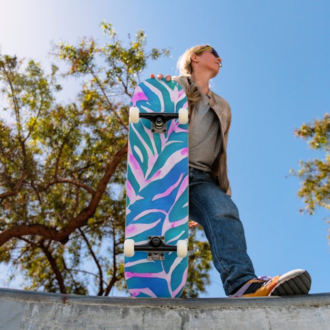 Tropical Leafy Blue Pink Pattern  Skateboard (Outdoor 1)
