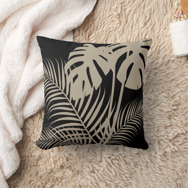 Tropical Leaves 1 Tan on Black Cushion (Blanket)