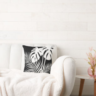 Tropical Leaves 1 White on Black Cushion