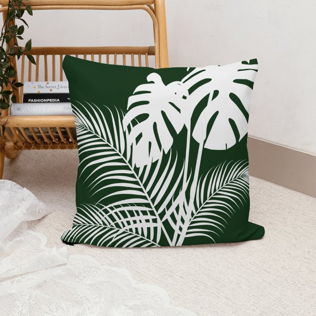 Tropical Leaves 1 White on Dark Green Cushion (Creator Uploaded)