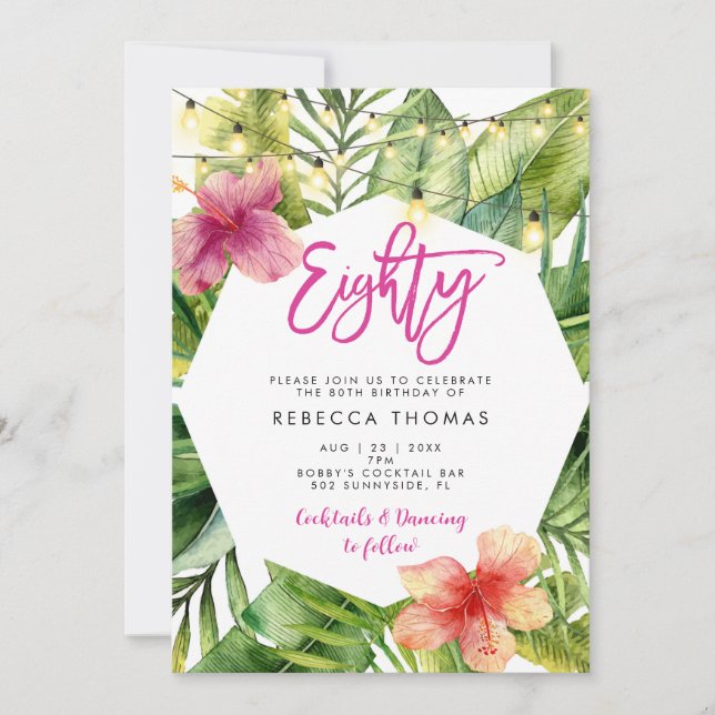 Tropical leaves 80th birthday party invitation (Front)