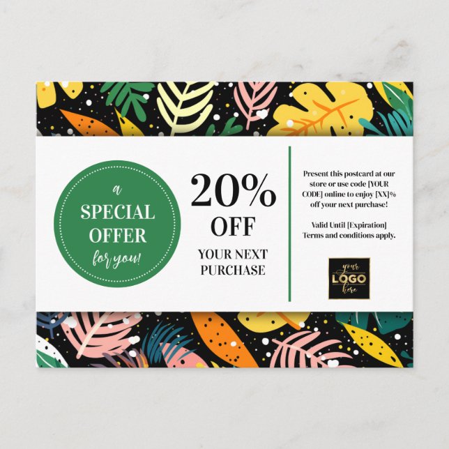 Tropical Leaves Abstract Coupon Discount Postcard (Front)