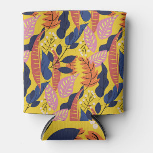 Tropical leaves and berries, yellow background. can cooler