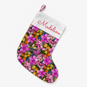 Tropical leaves and flowers Add Your Name Small Christmas Stocking