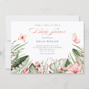 Tropical leaves and flowers baby shower invitation
