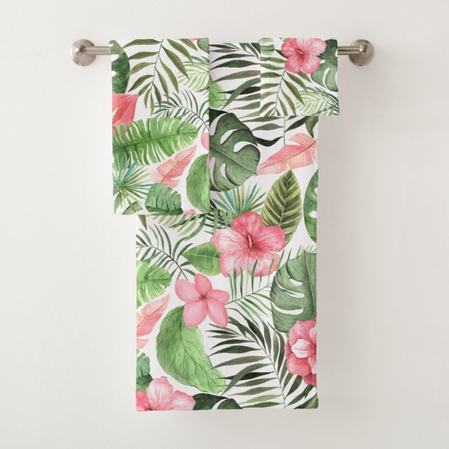 Tropical Leaves and Flowers Bath Towel Set (Insitu)