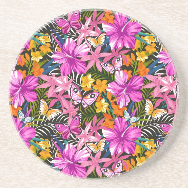 Tropical leaves and flowers coaster (Front)