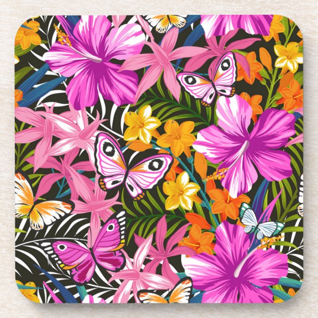 Tropical leaves and flowers coaster (Front)