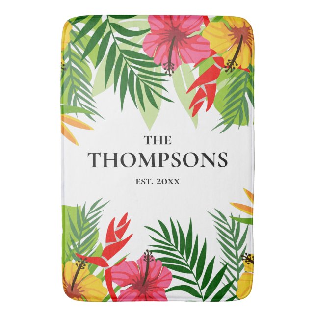 Tropical Leaves and Flowers Custom Last Name Bath Mat (Front Vertical)