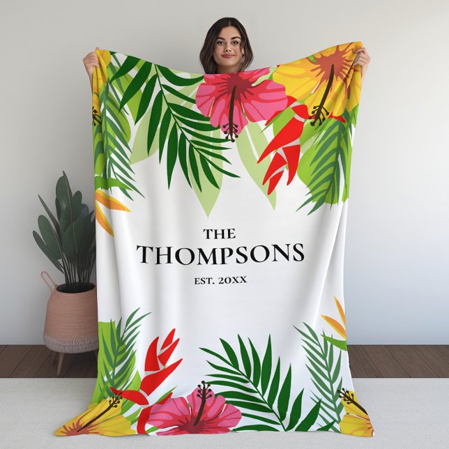 Tropical Leaves and Flowers Custom Last Name Fleece Blanket (Tropical Leaves and Flowers Custom Last Name Fleece Blanket)