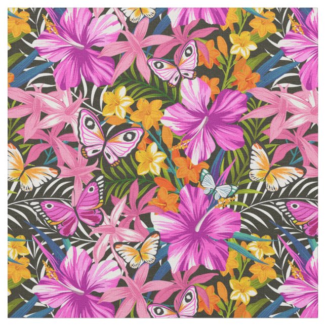 Tropical leaves and flowers fabric (Close Up)