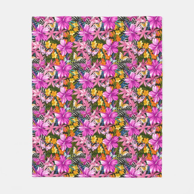 Tropical leaves and flowers fleece blanket (Front)