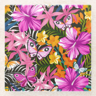 Tropical leaves and flowers glass coaster