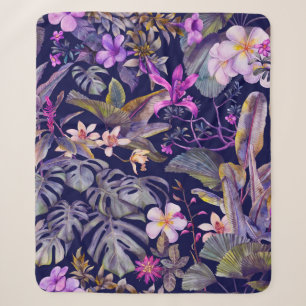 tropical leaves and flowers hand-drawn by watercol sherpa blanket