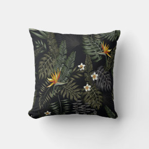 Tropical leaves and flowers in the night style. Se Cushion