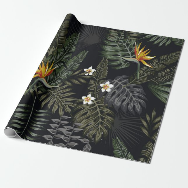 Tropical leaves and flowers in the night style. Se Wrapping Paper (Unrolled)
