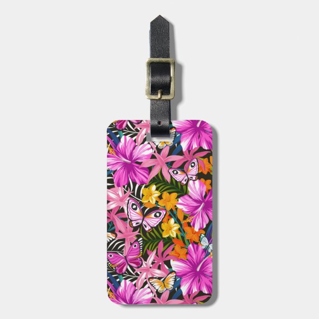 Tropical leaves and flowers luggage tag (Front Vertical)