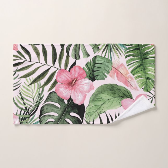 Tropical Leaves and Flowers on Pink Hand Towel (Hand Towel)