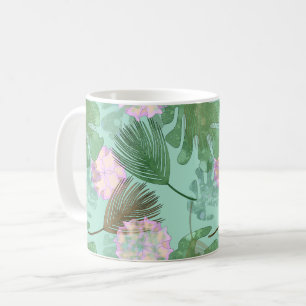 Tropical leaves and flowers on turquoise. coffee mug