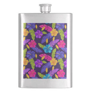 Tropical Leaves and Flowers Pattern-23857 Hip Flask