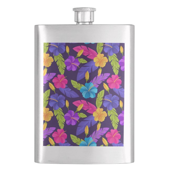 Tropical Leaves and Flowers Pattern-23857 Hip Flask (Front)