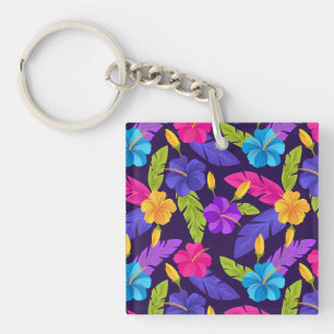 Tropical Leaves and Flowers Pattern-23857 Key Ring