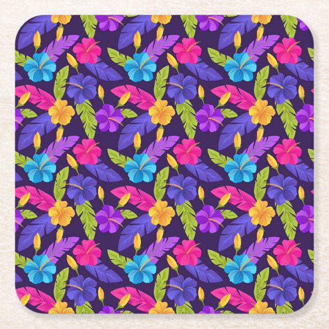 Tropical Leaves and Flowers Pattern-23857 Square Paper Coaster (Front)