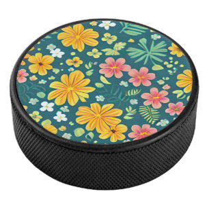 Tropical leaves and flowers pattern hockey puck