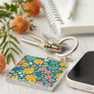 Tropical leaves and flowers pattern  key ring
