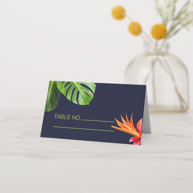 Tropical Leaves and Flowers Retro Wedding Place Card (Front)