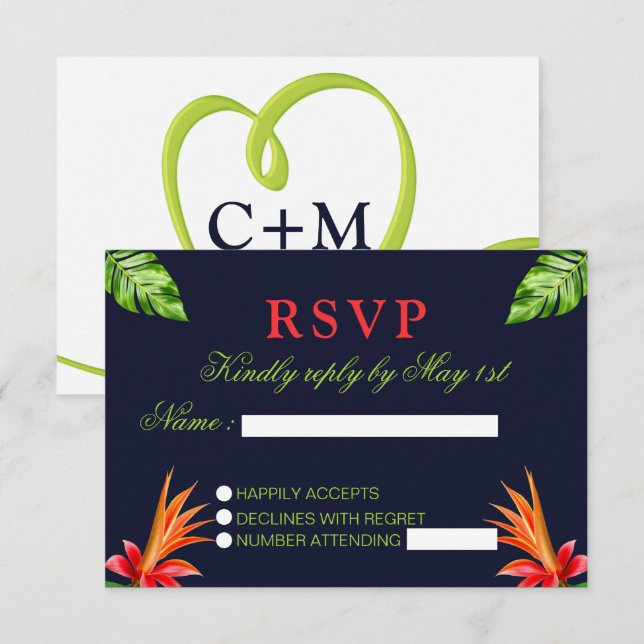 Tropical Leaves and Flowers Retro Wedding RSVP Card (Front/Back)