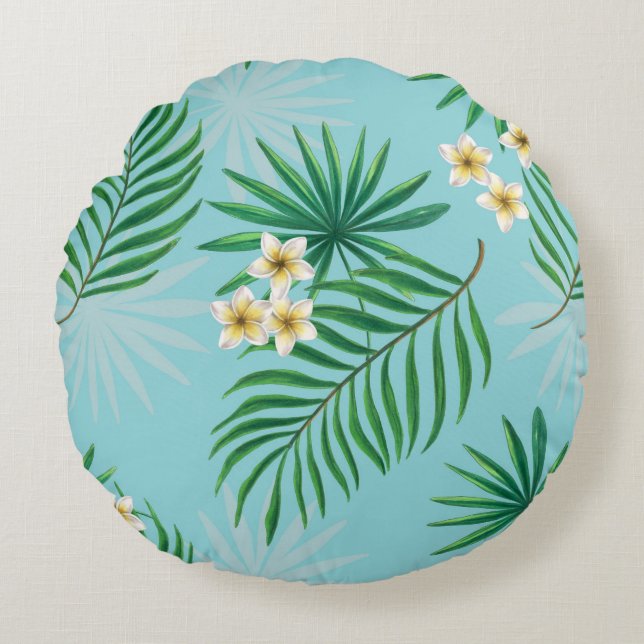 Tropical leaves and flowers round cushion (Front)