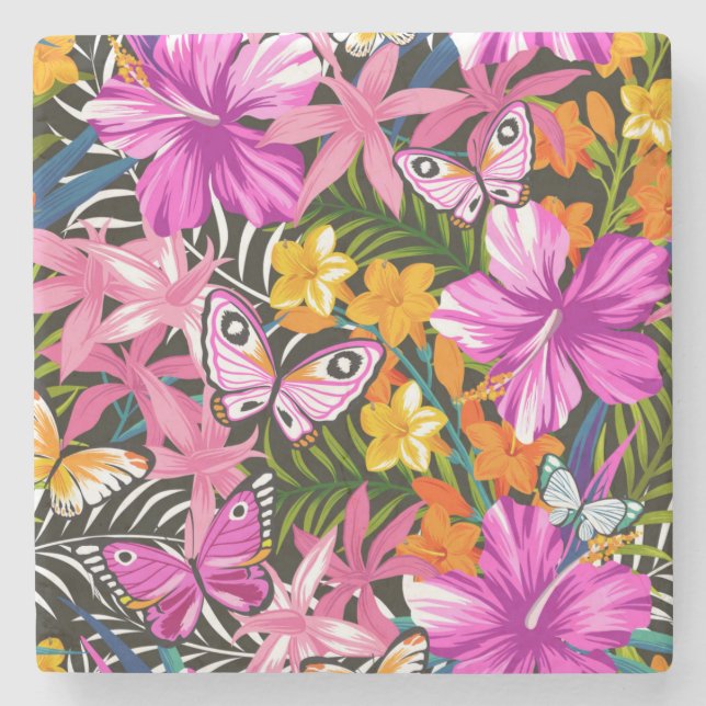 Tropical leaves and flowers stone coaster (Front)