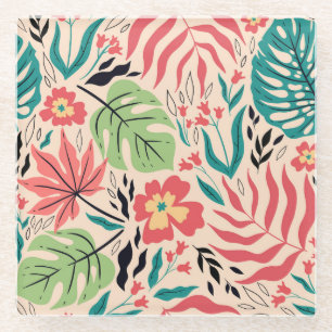 Tropical Leaves and Flowers: Vintage Fusion Glass Coaster