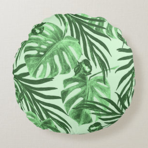 Tropical leaves and flowers, watercolor pattern. round cushion