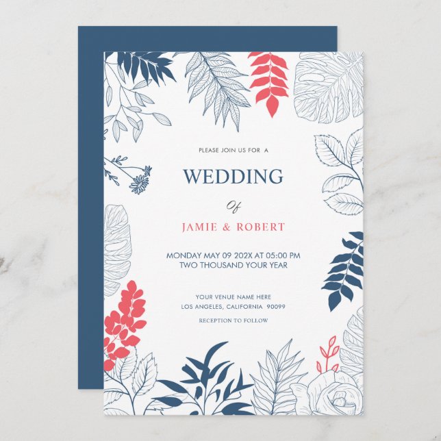 Tropical leaves and flowers wedding frame invitation (Front/Back)