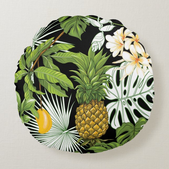 Tropical leaves and fruits seamless pattern round cushion (Front)