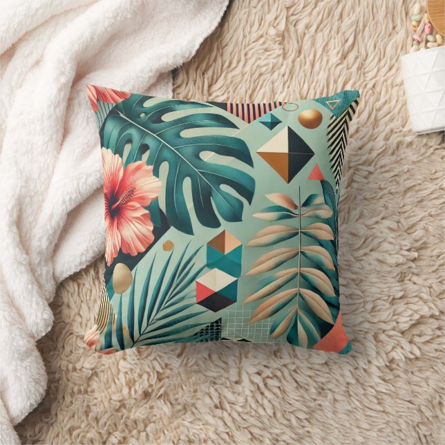 Tropical Leaves and Geometric Pattern Cushion (Blanket)