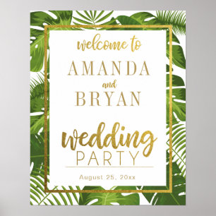 Tropical leaves and gold welcome wedding sign