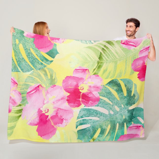 Tropical Leaves and Hibiscus Flowers Watercolor Fleece Blanket (In Situ)