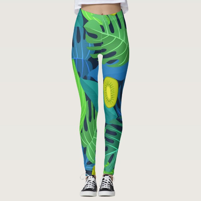 Tropical Leaves and Kiwi Pattern Leggings (Front)