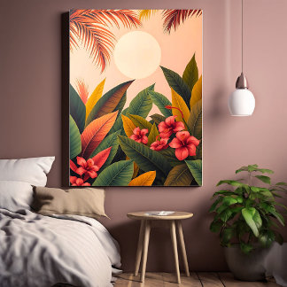 Tropical Leaves and Moon Pastel  Canvas Print