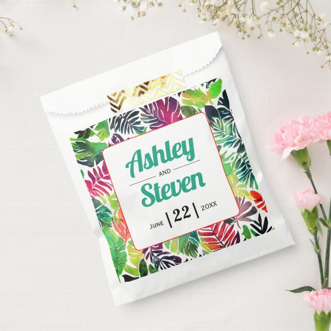 Tropical leaves and names maximalist wedding favour bags (Sealed)