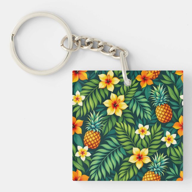 Tropical leaves and pineapple pattern key ring (Front)