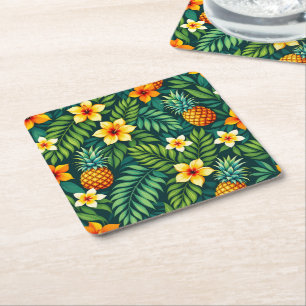 Tropical leaves and pineapple pattern square paper coaster